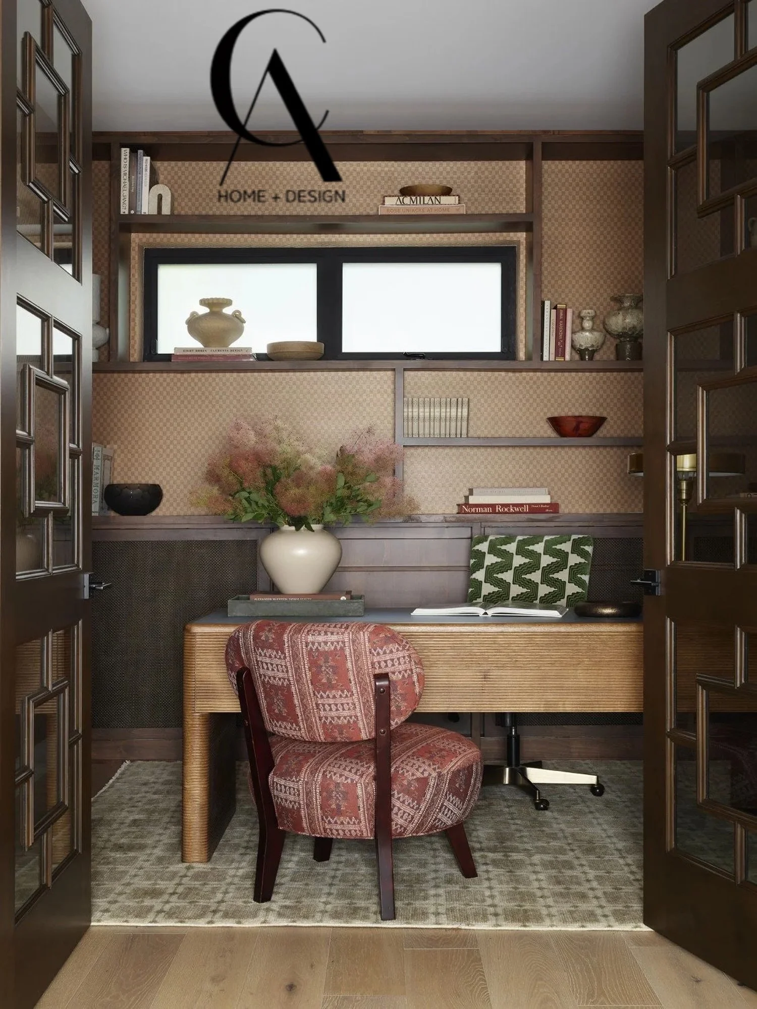 An office should do more than make room for work. It should invite thought, spark imagination, and feel deeply personal. Here, warm woods, woven textures, vintage forms, and a little unexpected pattern create a space that feels collected, grounded, a