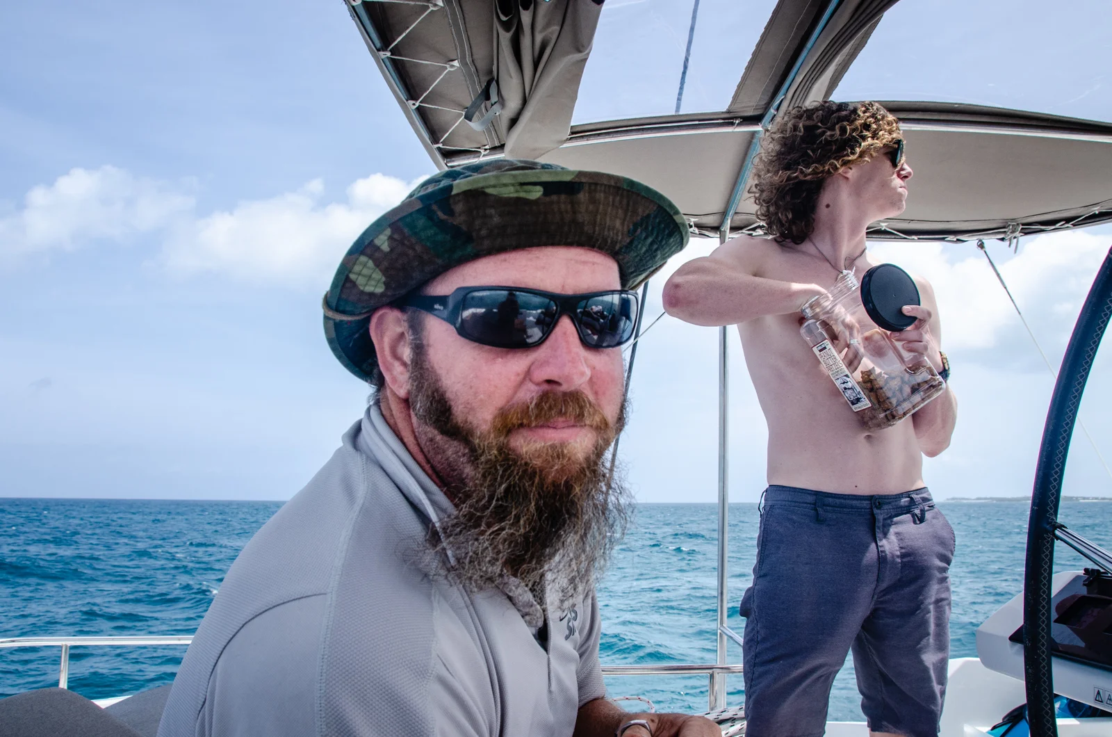 Skipper Richie and First Mate Zack snacking on the bridge as they sail us home.