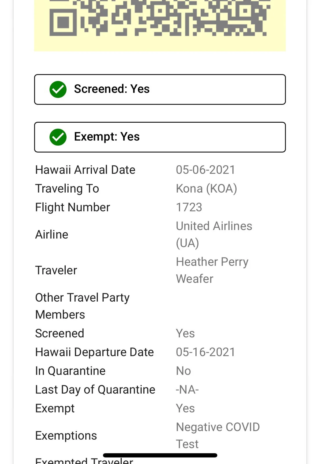 The page on the Hawaii Safe Travels site where travelers upload Covid test results. On review of this at the San Francisco airport, we were given wrist bracelets. One glance at the Kona airport and we were in.