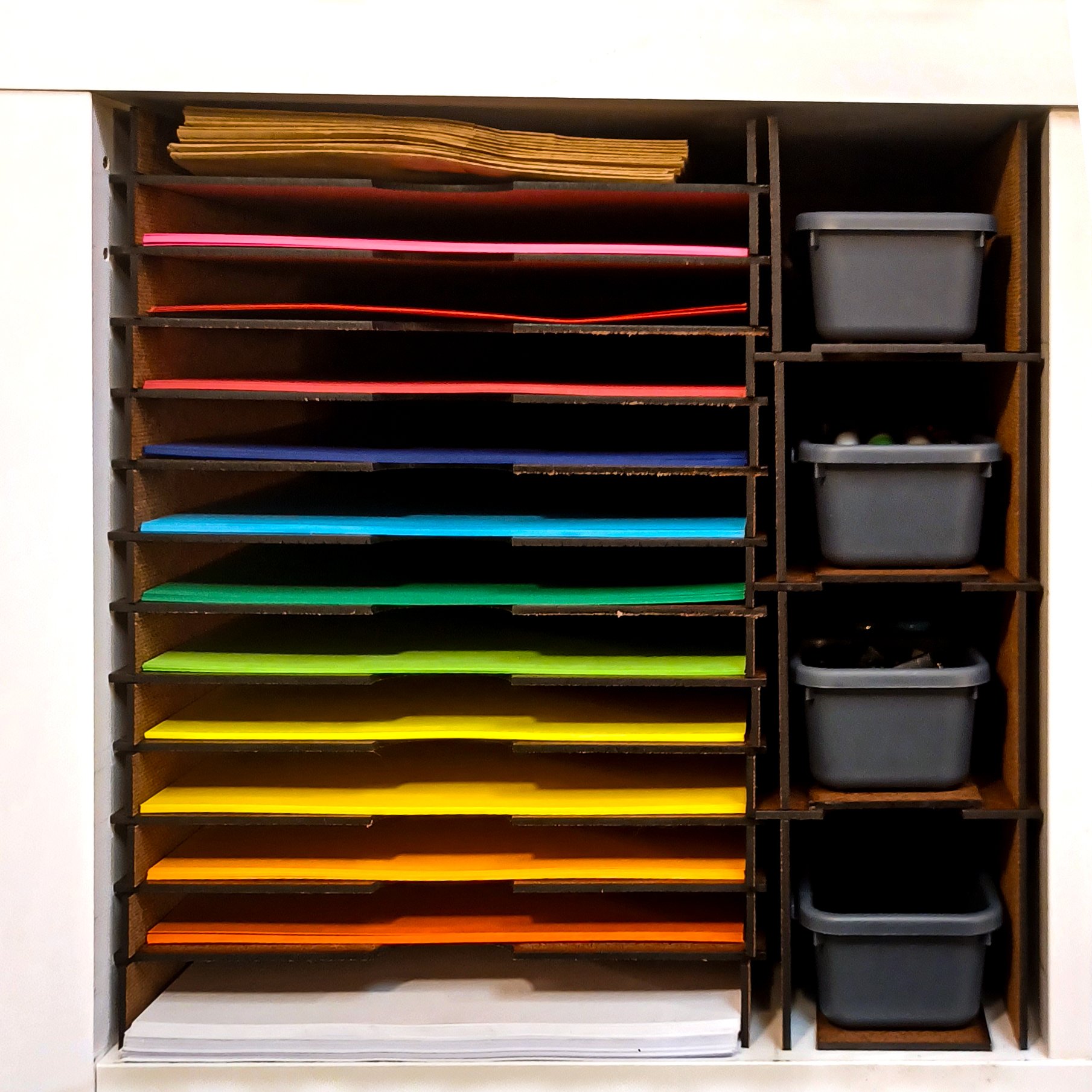 12 Shelf Insert for Letter and Legal Size Paper with Bins (Compatible with IKEA Kallax Shelves)
