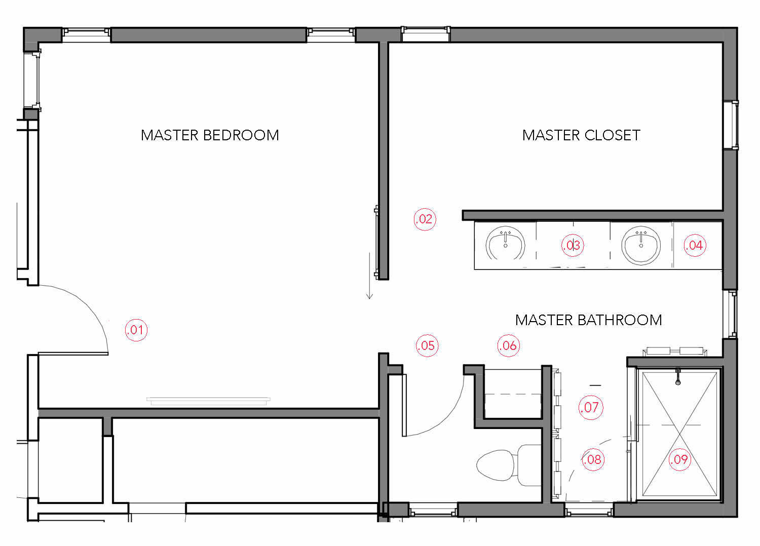 MASTER BEDROOM, BATHROOM + CLOSET FLOOR PLAN WITH REDLINE NOTES