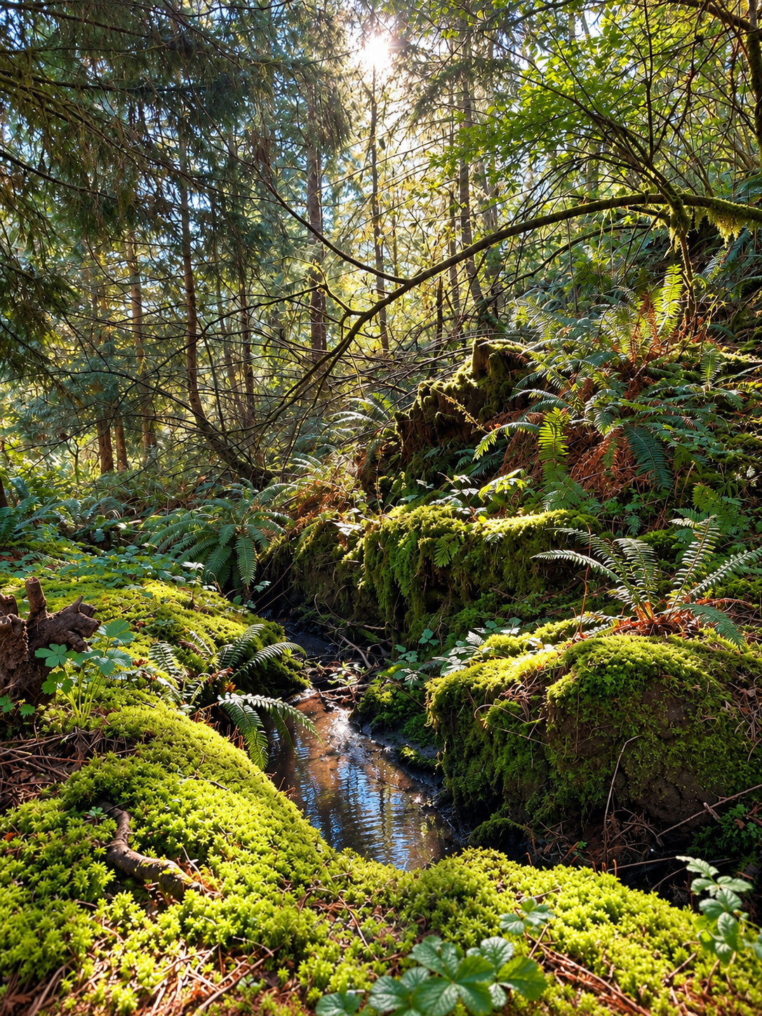 Sunlight filters through the cedars onto moss-covered banks and a winding woodland creek at R&J Riverbrook Farm's botanical sanctuary in Newberg, Oregon.