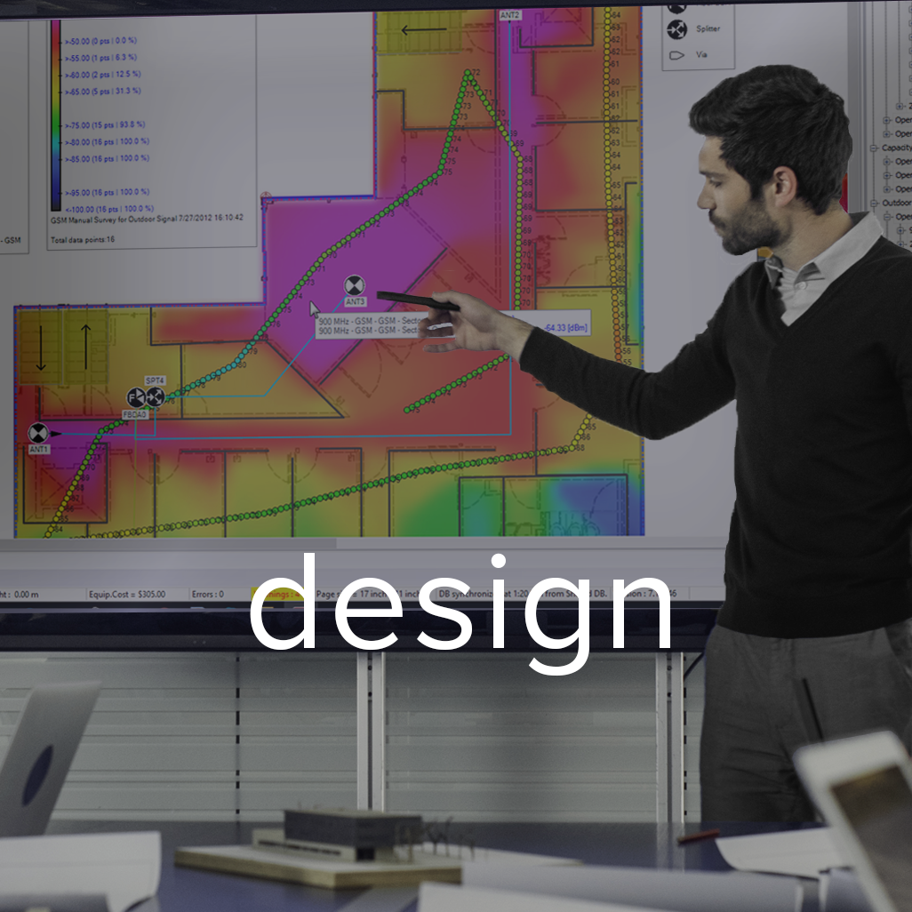 Our RF Design Team provides system planning, propagation modeling, data collection, model tuning, costing, and validation services for in‑building cellular, public safety, and Wi-Fi solutions. Each design is done by a certified iBwave engineer, to ensure full compliance with the Key Performance Indicators (KPIs), defined by the building owner, carrier(s), and/or the public safety Authority Having Jurisdiction (AHJ). Designs are done with macro eNodeBs, small cells, remote radio units (RRUs), and repeaters, as signal sources. Distribution methods include coax based passive DAS, fiber based active DAS, and Ethernet based access point architecture. 