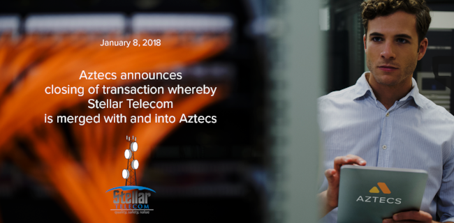 Aztecs and Stellar Telecom Announce Merger IRVINE, Calif., Jan 8, 2018 /PRNewswire/ -- Aztecs and Stellar Telecom, Inc. (“Stellar”) today announced the closing of a transaction whereby Aztecs purchased the holdings of Stellar co-founder and president Jerry Long, and subsequently merged the Stellar organization with and into Aztecs. read more