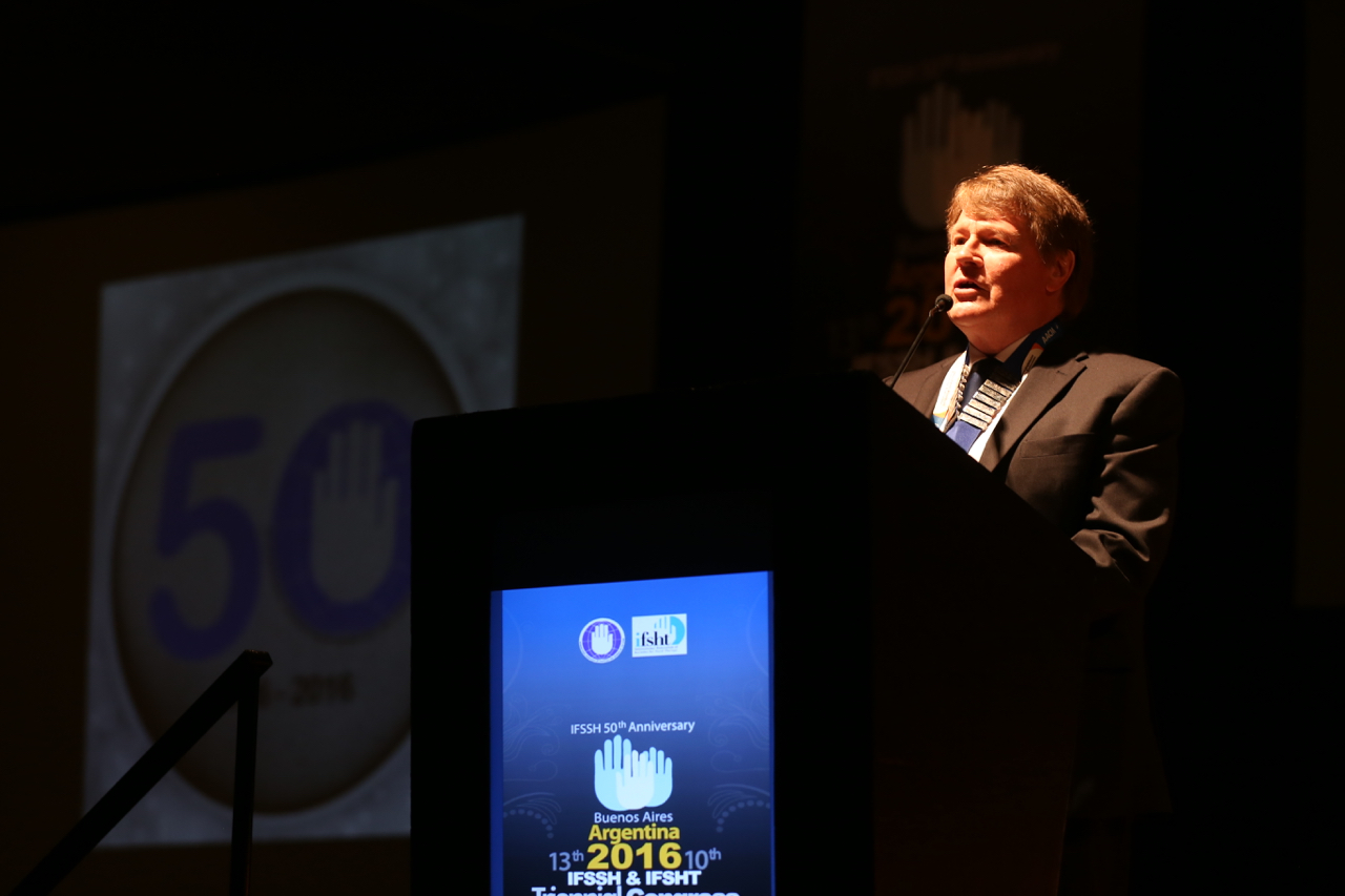 Professor Michael Tonkin delivering the Presidential Address at the 2016 triennial congress of the International Federation of Societies for Surgery of the Hand (IFSSH) and International Federation of Societies for Hand Therapy (IFSHT) in Buenos Aires.