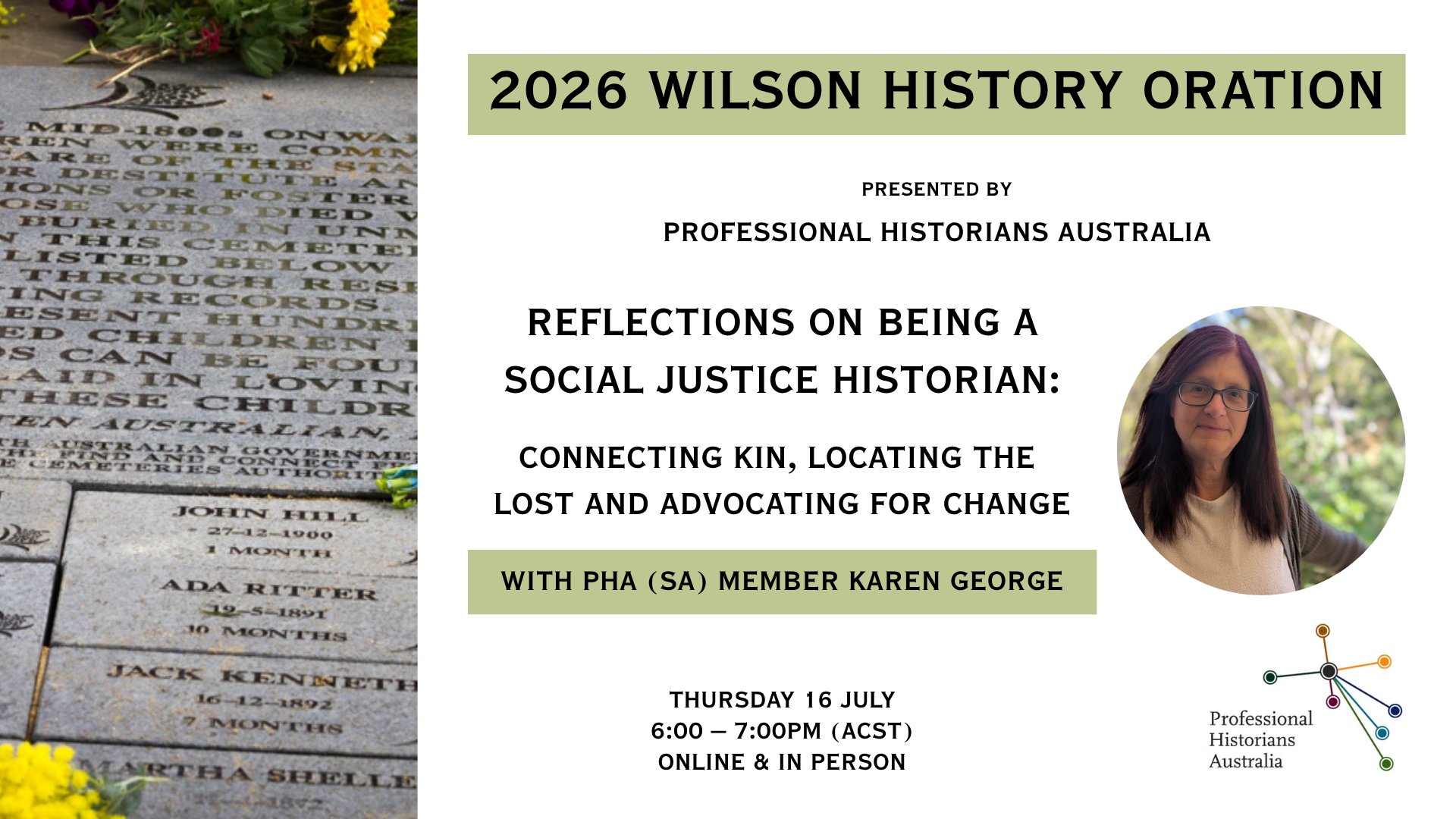 2026 Wilson History Oration banner featuring text, logo and two images: Karen George headshot and memorial plaque