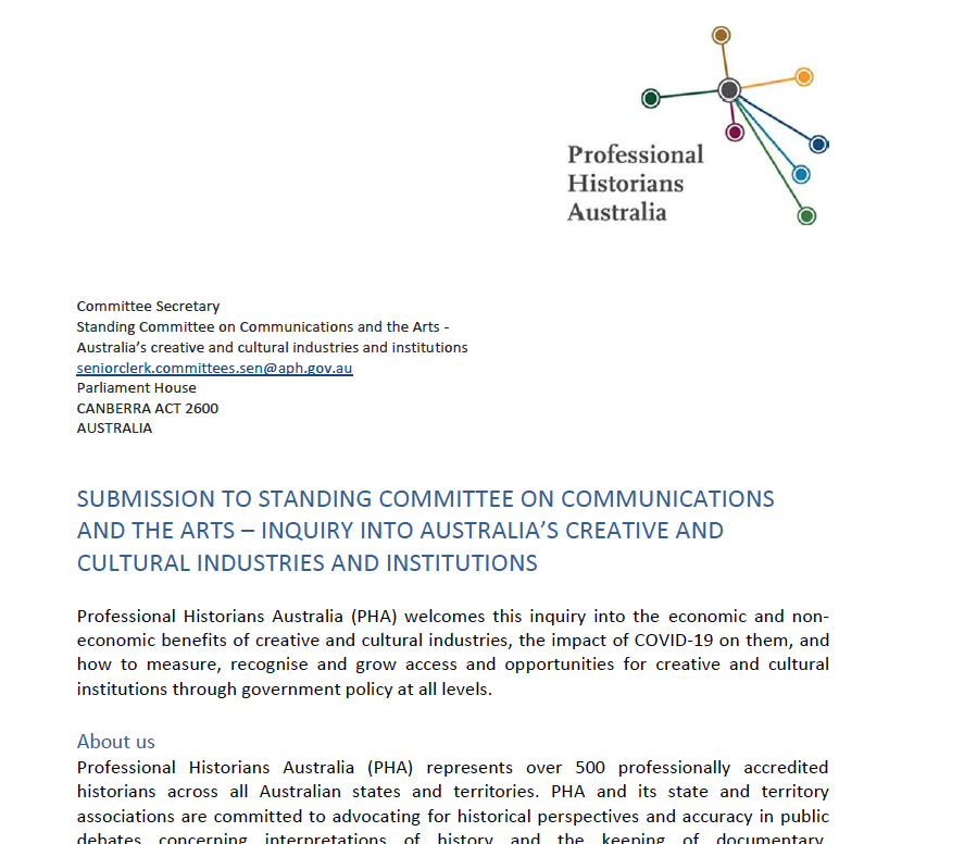 PHA Submission to the Inquiry into Australia's Creative and Cultural Industries and Institutions