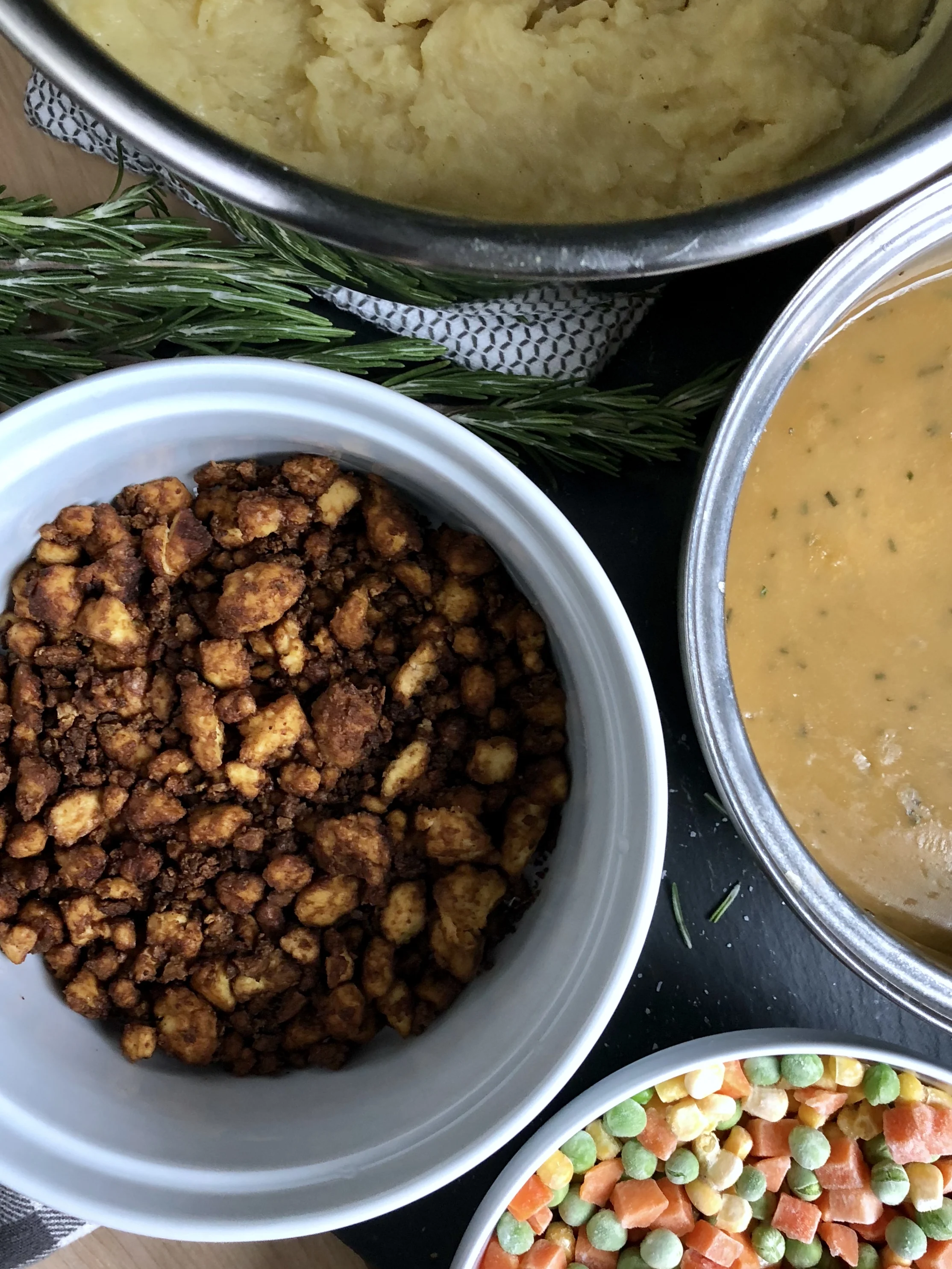 Vegan Shepherd's Pie with tofu crumbles, instant pot mashed potatoes and homemade gravy.