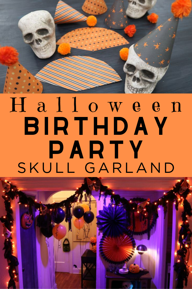 DIY Skull Garland Halloween Birthday Party With a few simple materials, you can make a one-of-a-kind birthday garland with a huge impact that will be sure to fright and delight your party guests! They’re dying to celebrate you! #halloweendecorations #halloweendecor #halloweendiycrafts #birthdayparty #octoberhalloween #easyhalloweendiy #cuteandcreepy #madebymichaels #michaelshalloween #evite #partyinvitaions #halloweeneveryday #easygarlanddiy