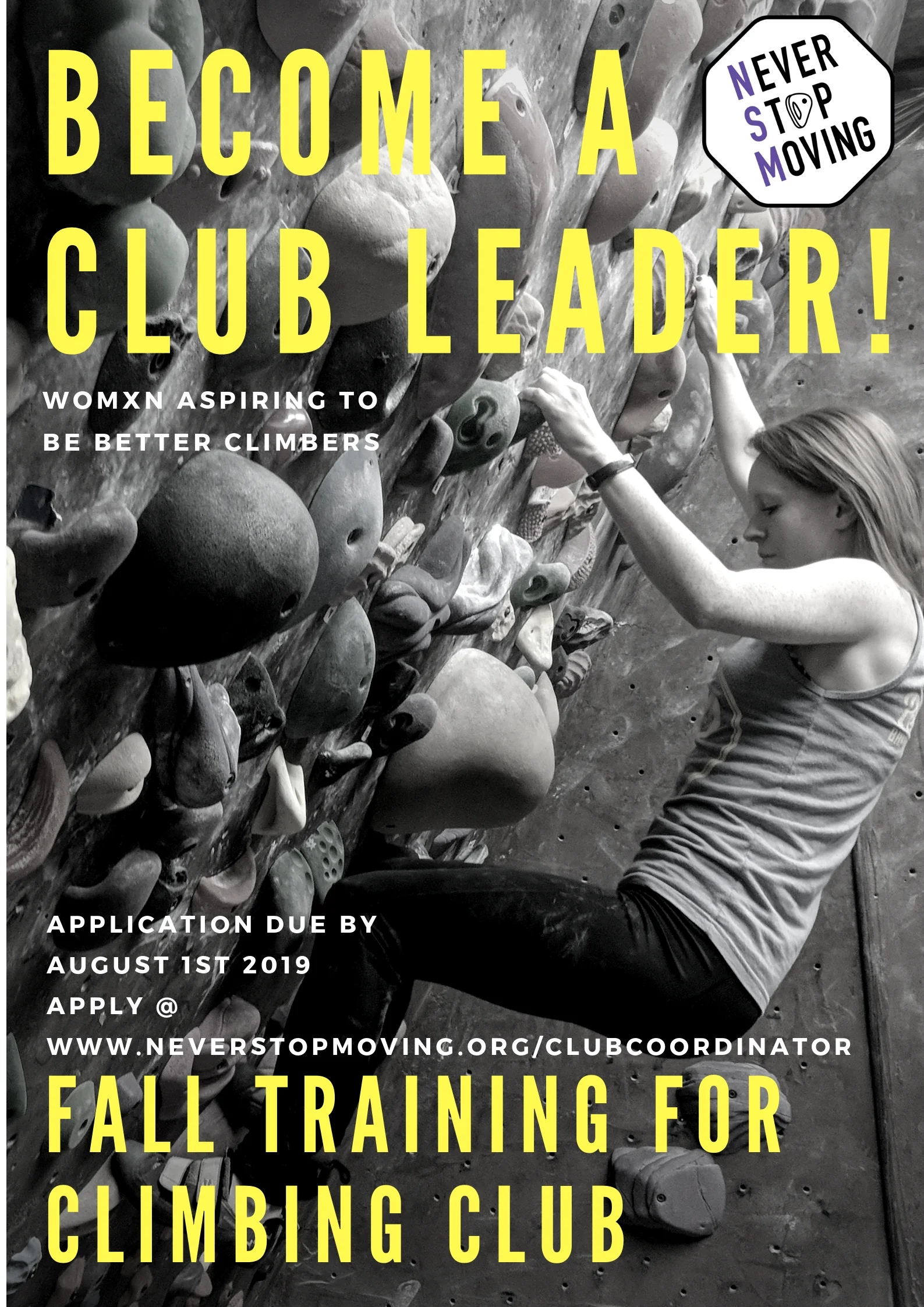 Never Stop Moving - Club Coordinator Volunteer Position Poster