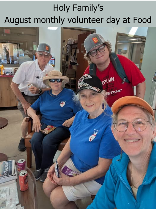 Several members from Holy Family Episcopal Church are shown taking a break during their volunteer duties at the Food Depot