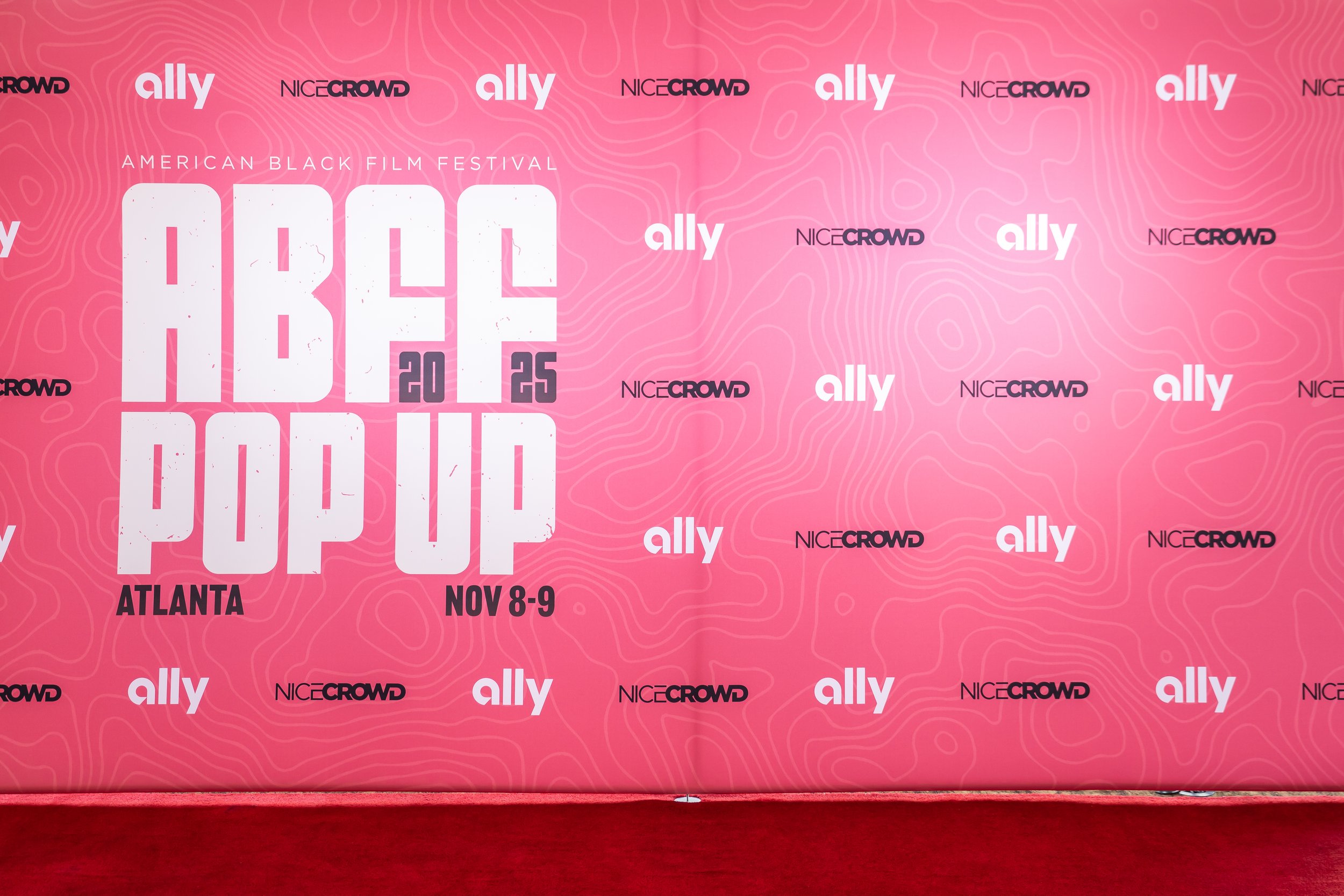 Red Carpet at the American Black Film Festival, featuring the event's name, dates, and location, with logos of Ally and NiceCrowd.