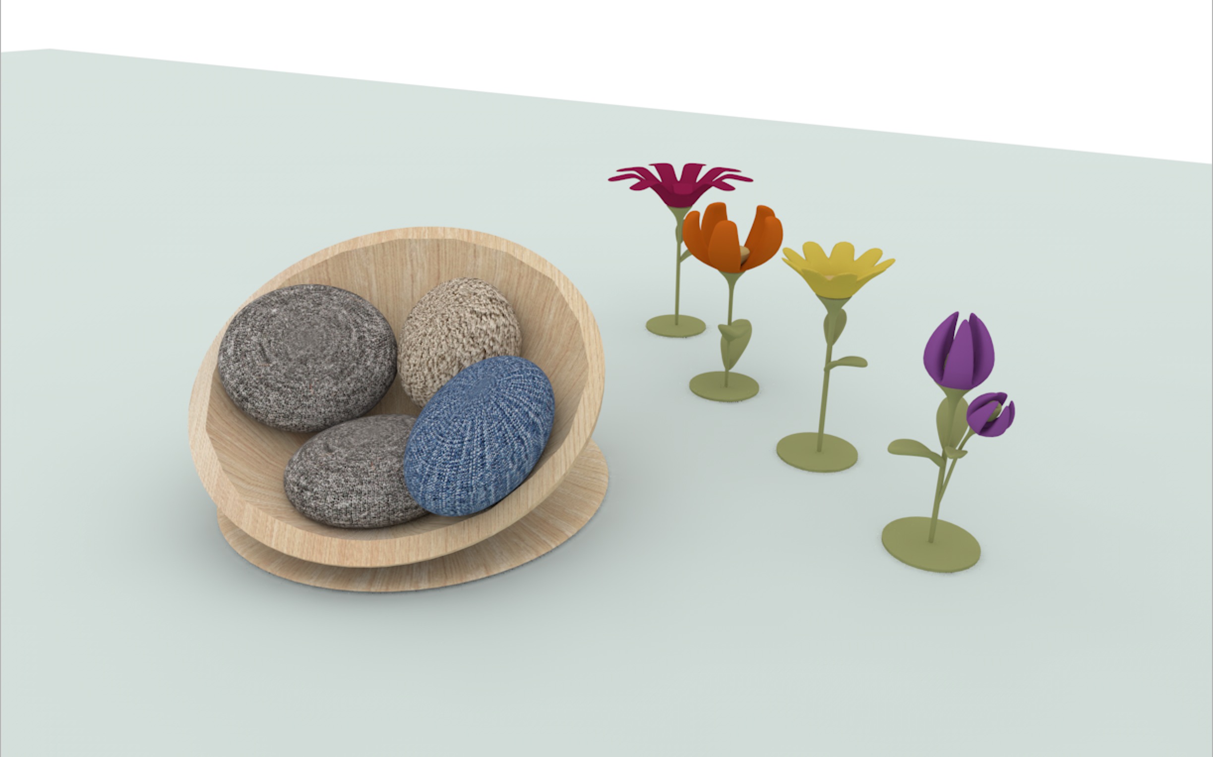 Flower Statues and Rock Pillows on Bowl Shaped Chair