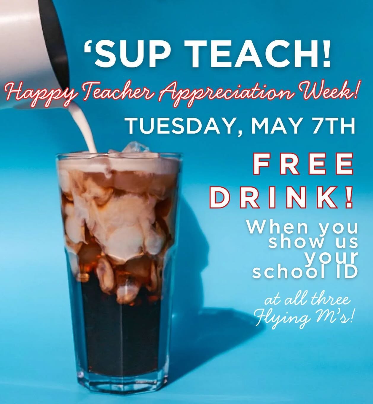 Calling all teachers &amp; educators, come into any of the three Flying M&rsquo;s tomorrow for a free espresso drink by showing your ID! We appreciate you!! 💘 #flyingm #downtownboise