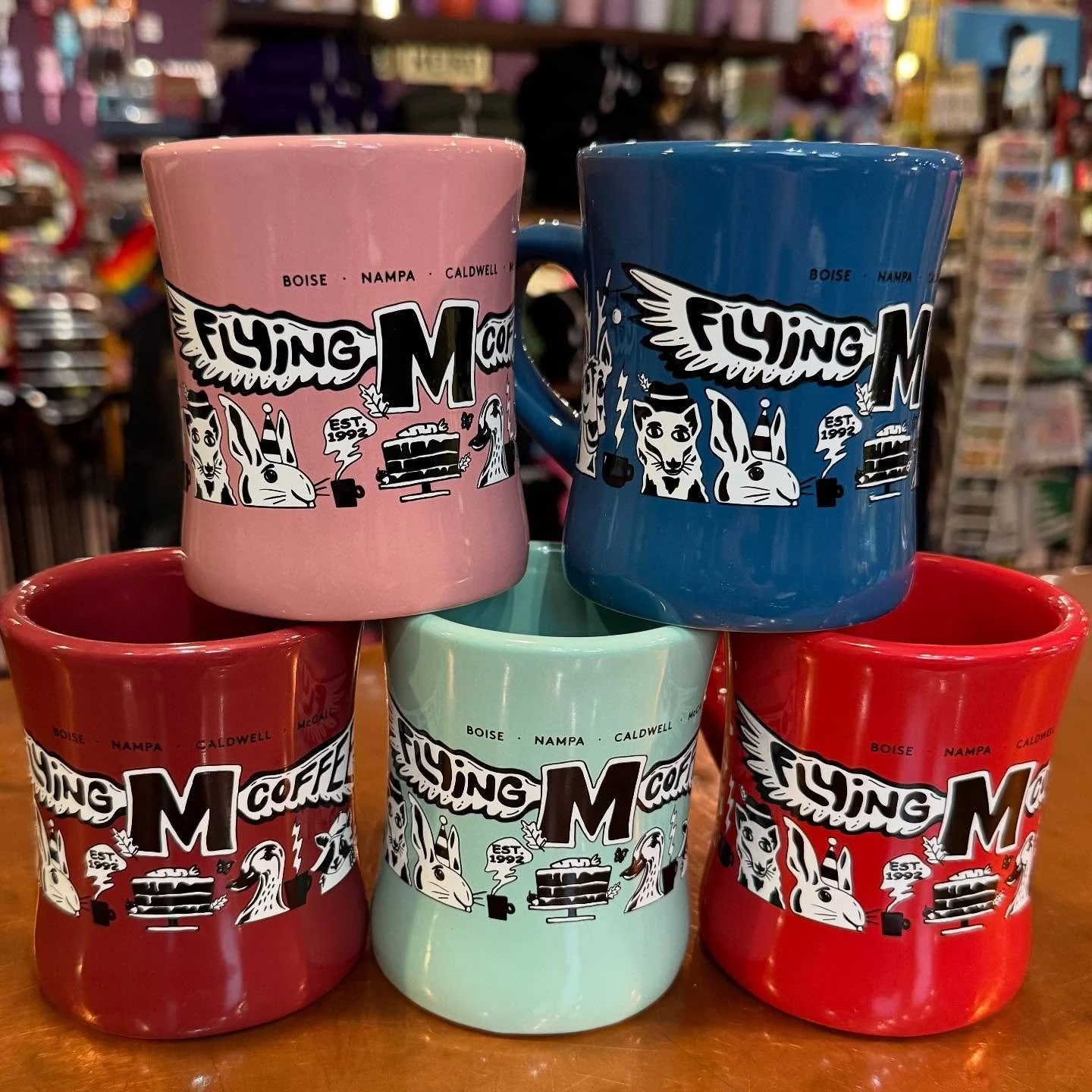 New Flying M Diner mugs, designed by local artist and @flyingmcoffeeboise barista @lukedesrosiersdesign !! 🔥 #flyingmboise #flyingm #downtownboise
