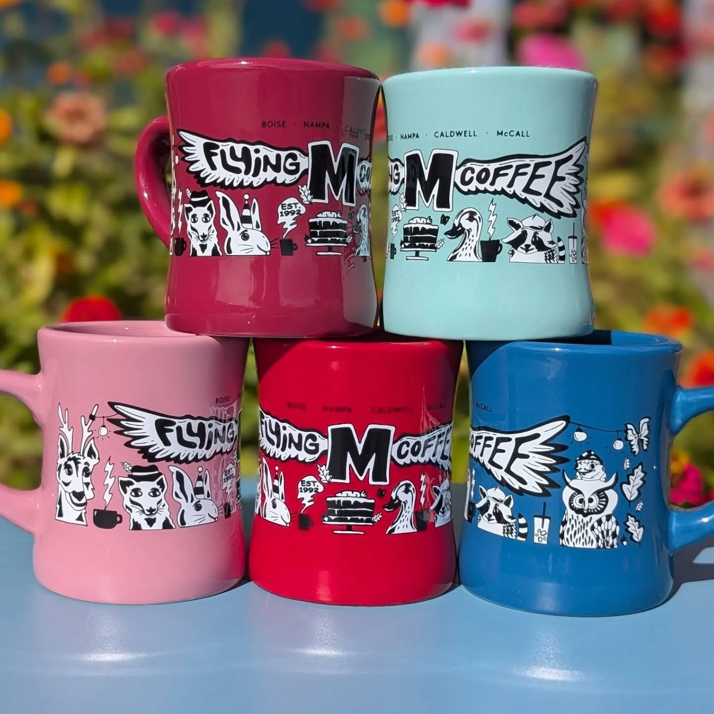 It's a @lukedesrosiersdesign double header: 
NEW MUGS, JUST IN--
All the Flying M's are droppin 'um,
Cuz they're hot 🔥 

 #localartist #flyingm #flyingmcoffee #flyingmboise #flyingmcaldwell #flyingmnampa #flyingmmccall