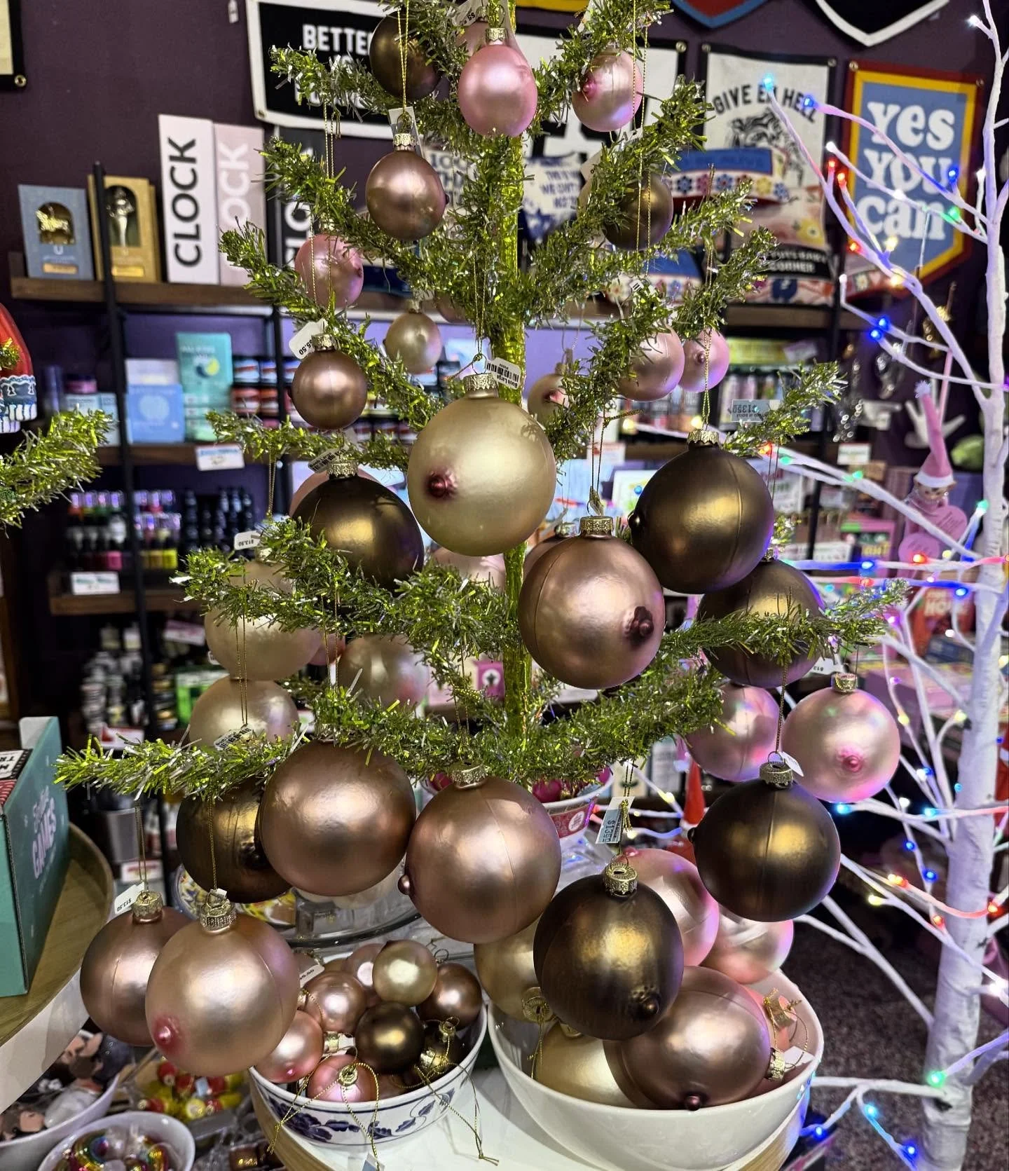 The Boob Ornament Tree is baaaaack! Get em&rsquo; while you can!! 🔥 #flyingmboise #flyingm #downtownboise