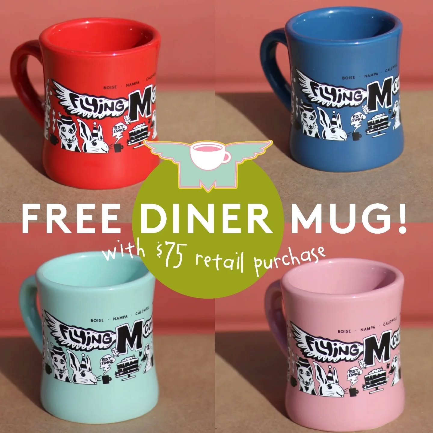 #shopsmall with us, and get a custom Flying M diner mug, by @lukedesrosiersdesign with $75 retail purchase--while supplies last! #flyingm #downtownnampa