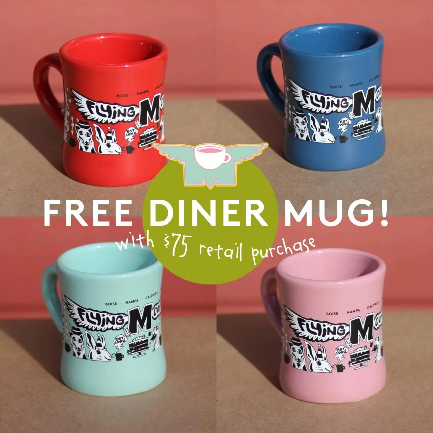 Happy small business Saturday! Get a free diner mug designed by Boise M barista @lukedesrosiersdesign with any gift purchase over $75, while they last at all 4 Flying M locations! ❤️

(excluding coffee beans and gift cards)