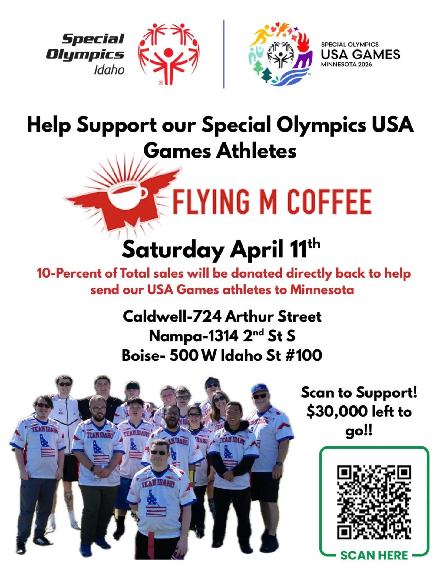 This Saturday (4/11), 10% of total sales from the Boise, Nampa &amp; Caldwell Flying Ms will go to Special Olympics Idaho! So grab your friends &amp; get a coffee - let&rsquo;s help them reach their funding goal! ❤️ 

Direct donations can be made thr