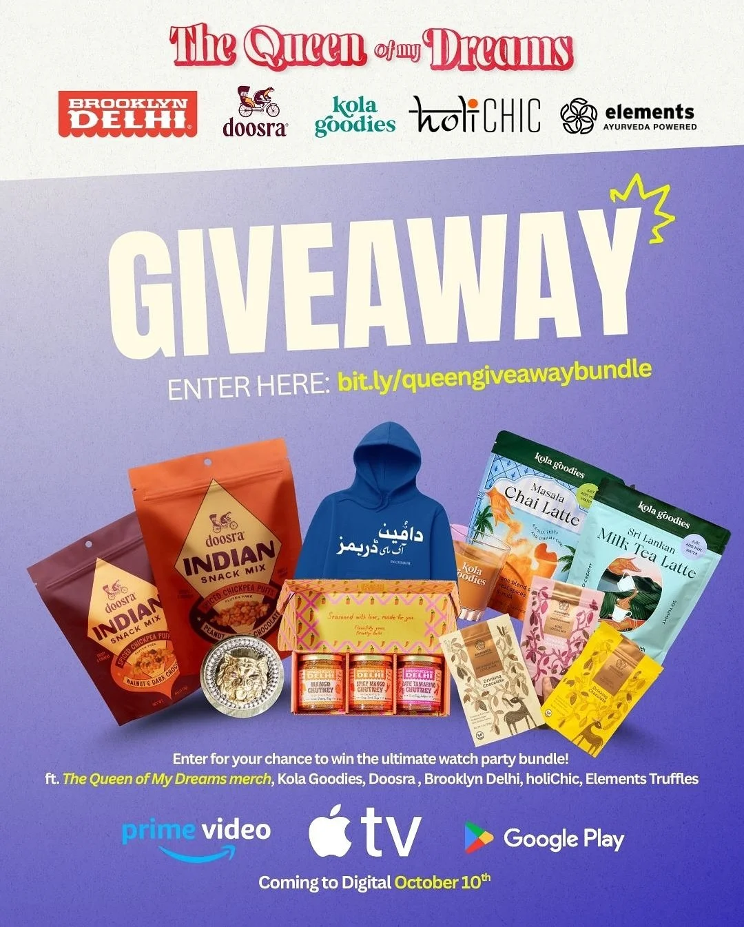 🎉 GIVEAWAY ALERT 🎉

We&rsquo;re celebrating the digital release of The Queen of My Dreams (coming to @appletv, @primevideo and @googleplay October 10th) with the ultimate bundle of South Asian flavors + film merch! ✨

Winners will receive:
🍵 @kola