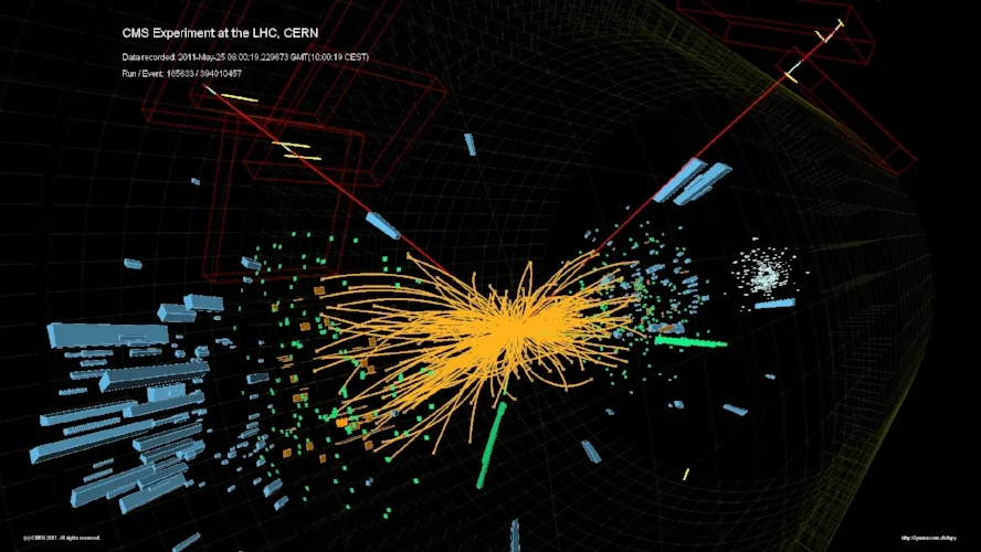 Proton collision at the LHC as recorded by the CMS detector. The debris from the collision reconstructs a Higgs boson decaying into two electrons and two muons. Credit: CMS Collaboration