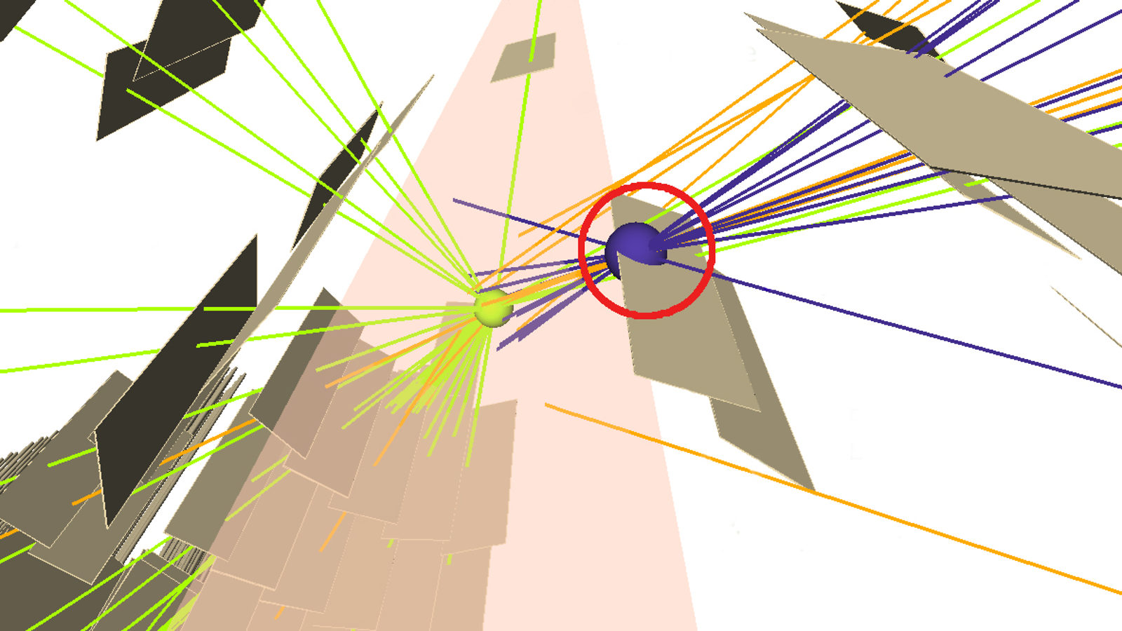 Long-lived particle produced at the proton collision point (green ball), traversing the detector, and decaying at another position (purple ball). Credit: ATLAS collaboration