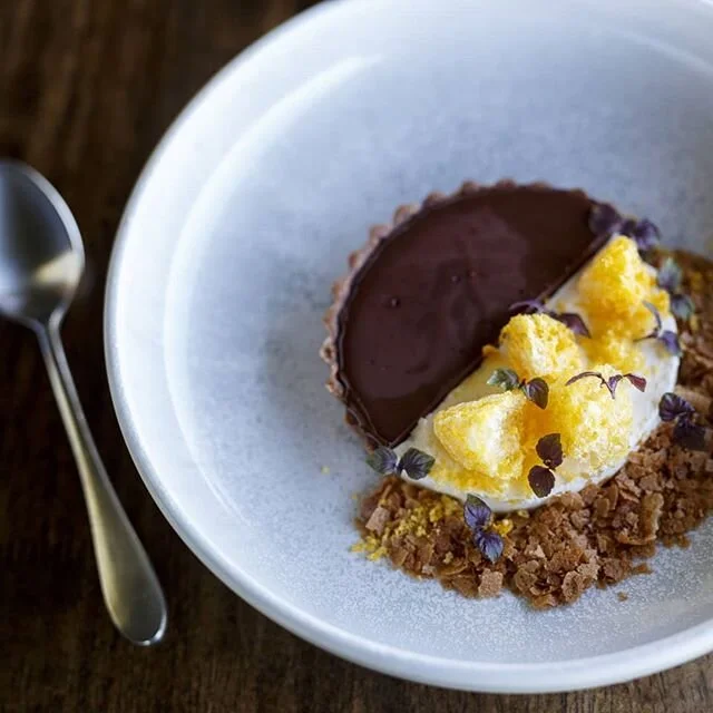 Bahen & Co. Chocolate & miso caramel tart, frozen sour cream, freeze dried mandarin .
.
#ameliaparkrestaurant #wilyabrup #margaretriverregion #justanotherdayinwa #restaurantaustralia