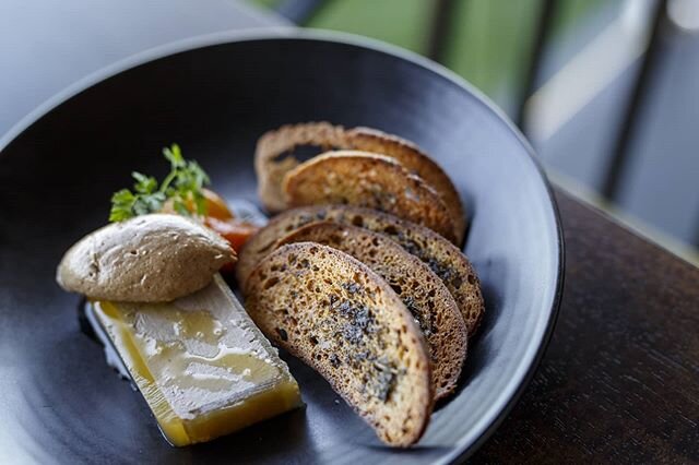 Chicken liver parfait, pickled cumquats, black garlic cream, herb croutes