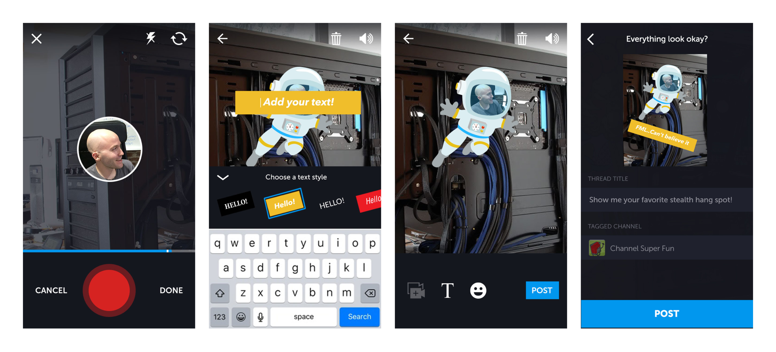 Along with the ability to record segments, we provided tools like adding stickers, text and something fun we called "Picture in Picture" stickers. These stickers are actually video recordings!