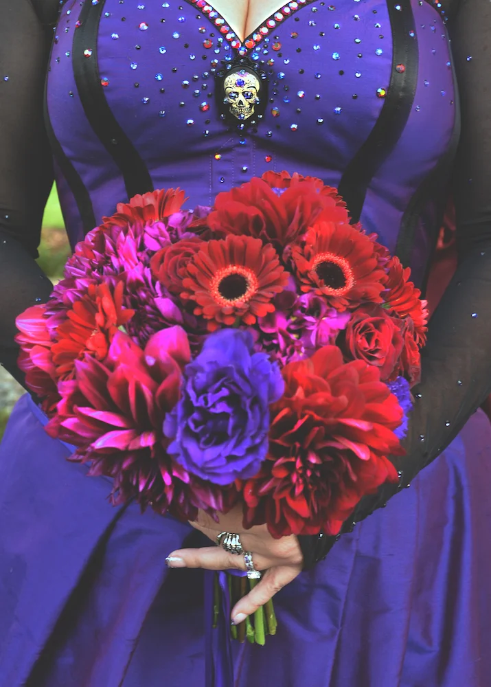 real bride Dark Garden purple goth rock and roll wedding corset dress bouquet.jpg