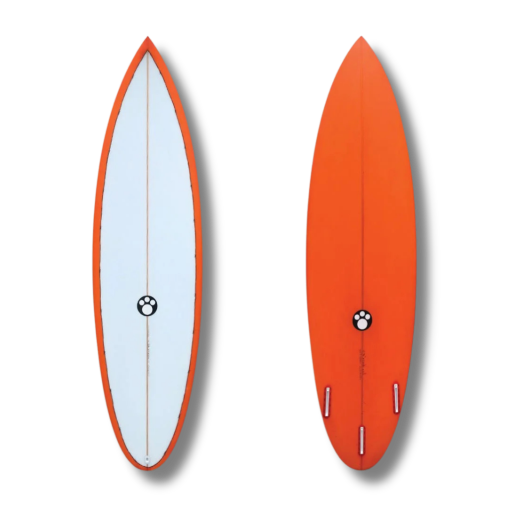 Two surfboards, one with a white deck and orange edges, and the other fully orange, shown from the top view.