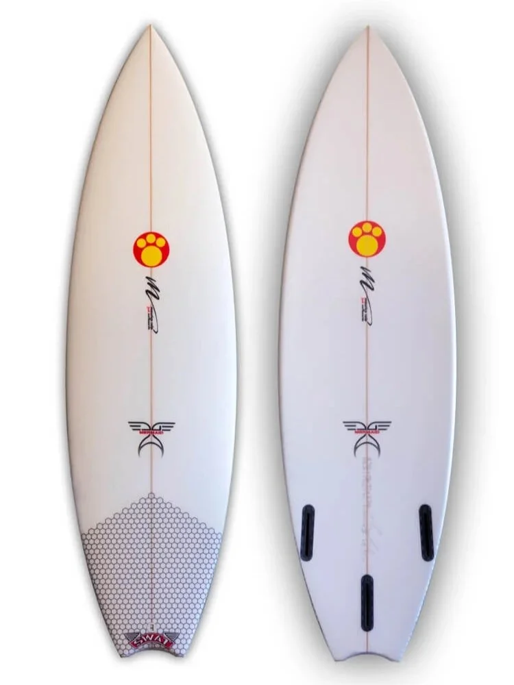 Two white surfboards with a red and yellow paw print logo and black fins, facing upward on a white background.