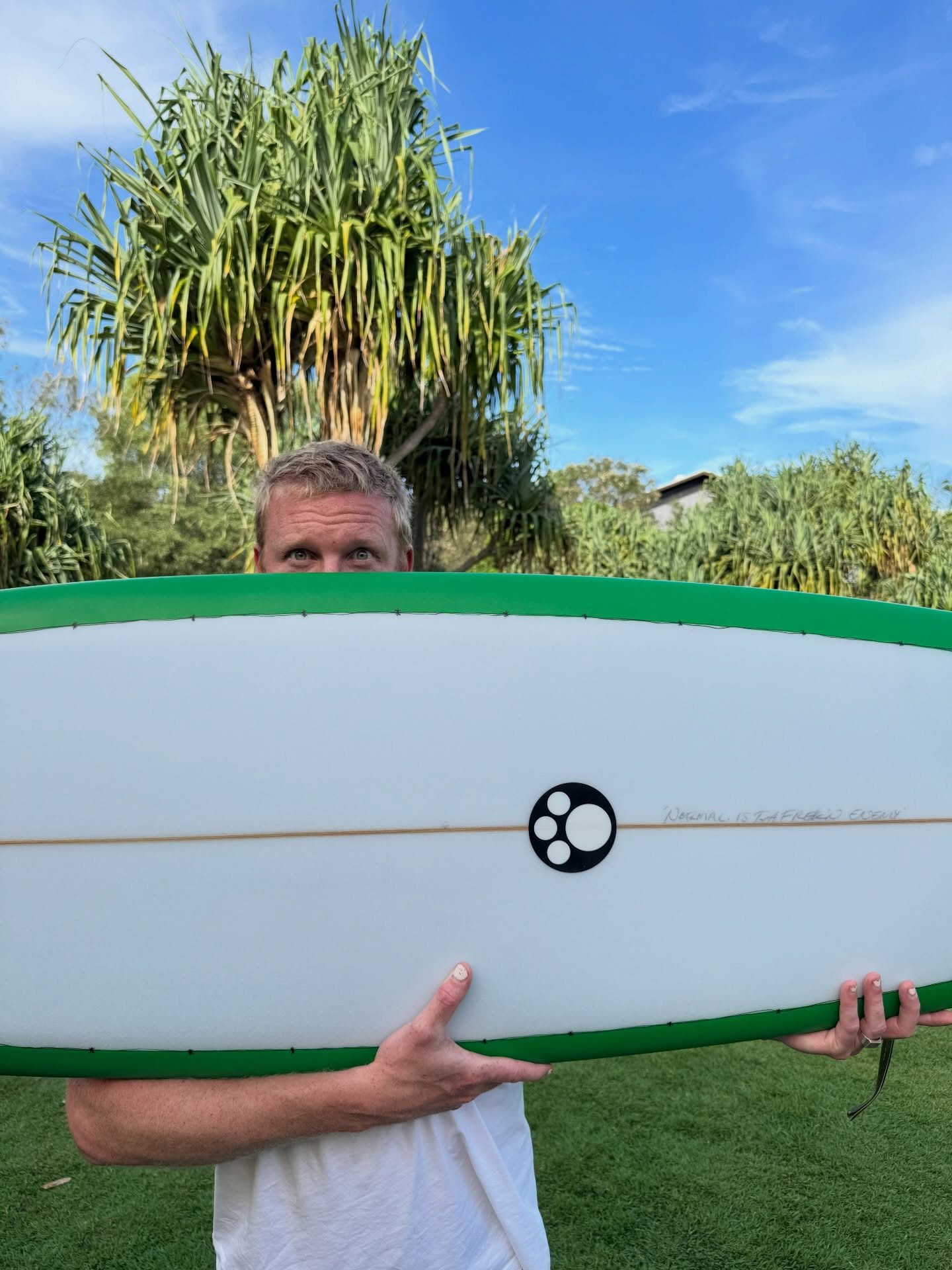 Dirty Harry and his New Weapon!! 

A fresh as RV VC4 6&rsquo;5&rdquo; x 20 1/2 x 2 3/4 with Ganga Green rail and bottom spray and barbed wire pin line is just what this Rad Dad needed!!

Finally my favourite board holder has gotten his own board and 