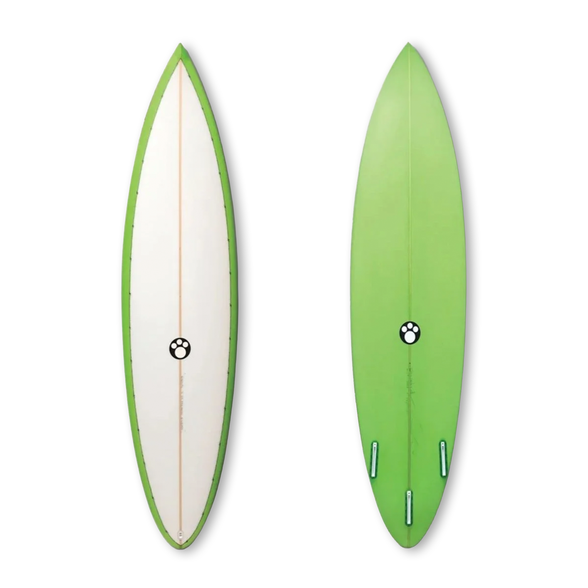 Two surfboards, one white with yellow edges and the other yellow, both with black paw print logos, shown from the top with fins visible on the bottom.