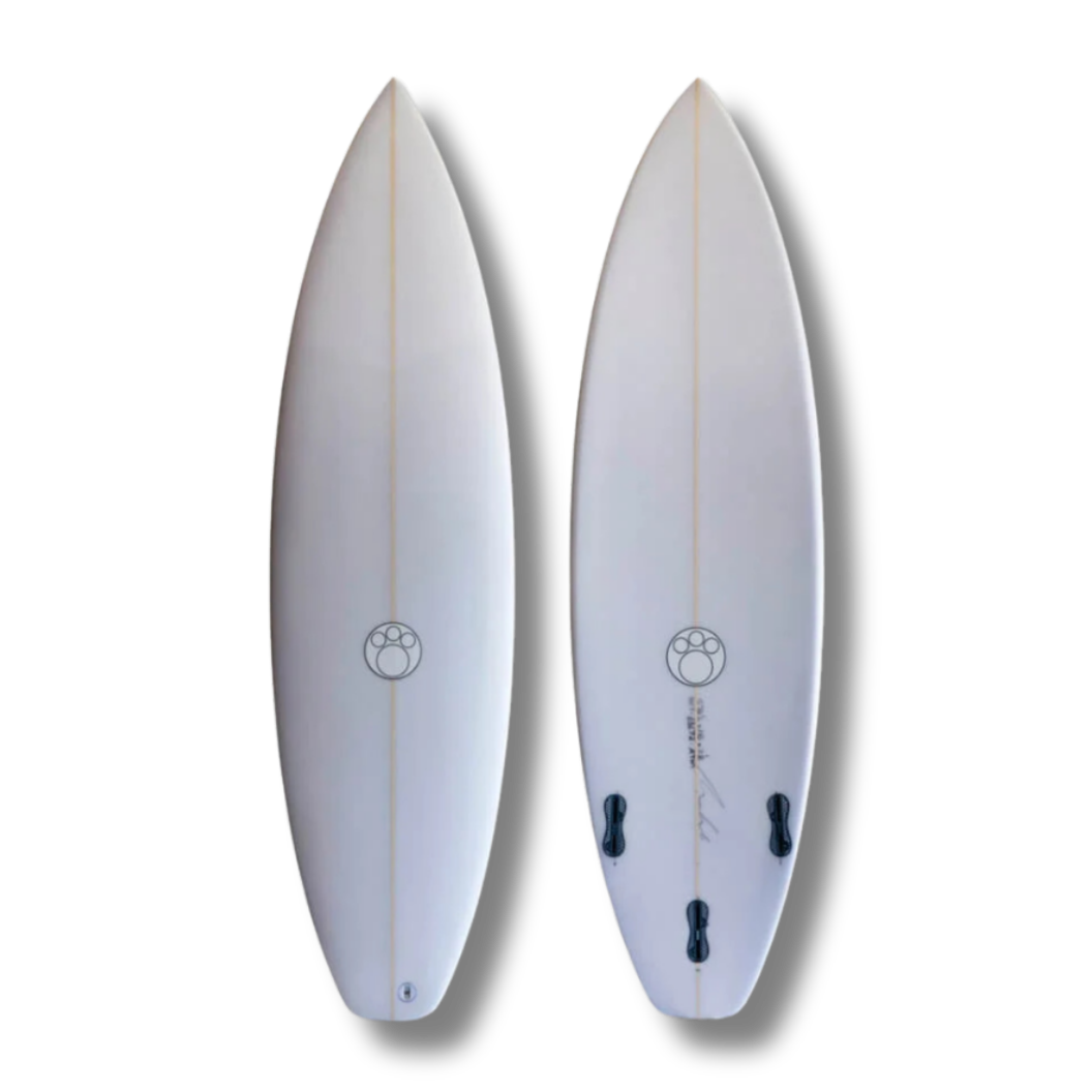 Two white surfboards with black traction pads and a logo in the middle, standing upright on a black background.