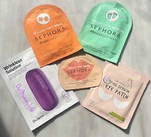 Sephora Haul: Dr. Jart Anti Aging sheet mask Too cool for school Coconut oil serum eye patch Sephora Shea lip mask Sephora Argan hand mask Sephora Almond foot mask