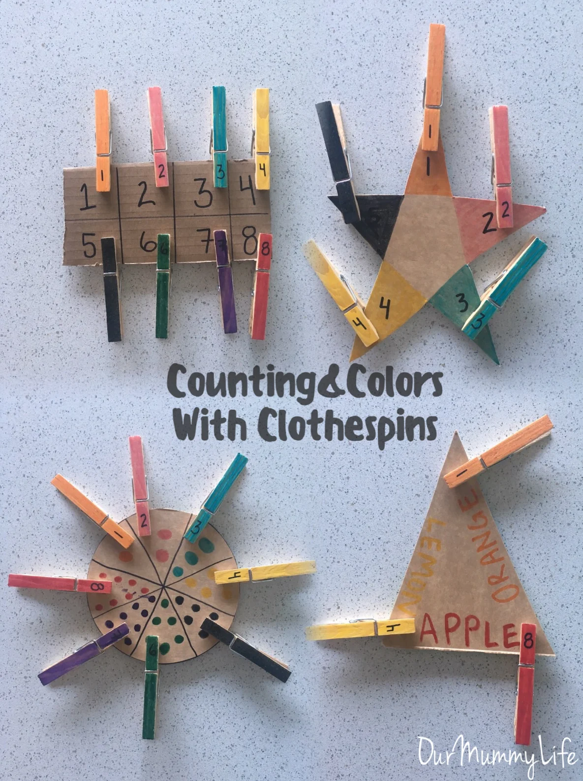 Counting & Colors with Clothespins The use of clothespins is great for working on fine motor skills. Make it fun by adding in colors, shapes, and numbers. Try using discarded cardboard from cereal boxes or other containers. Color and number several clothespins. Then, cut out different cardboard shapes. Use each shape for different ideas like matching colors and numbers, counting circles, or matching colors with fruit.