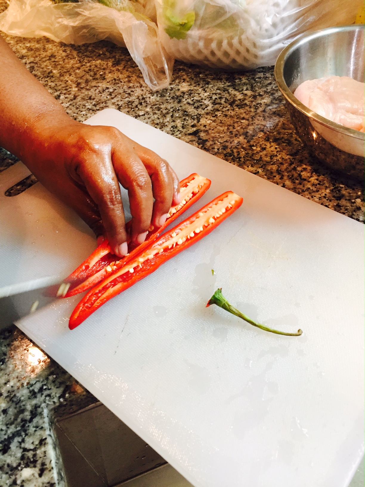 Be sure to remove those seed & inner bits of the fresh chilli