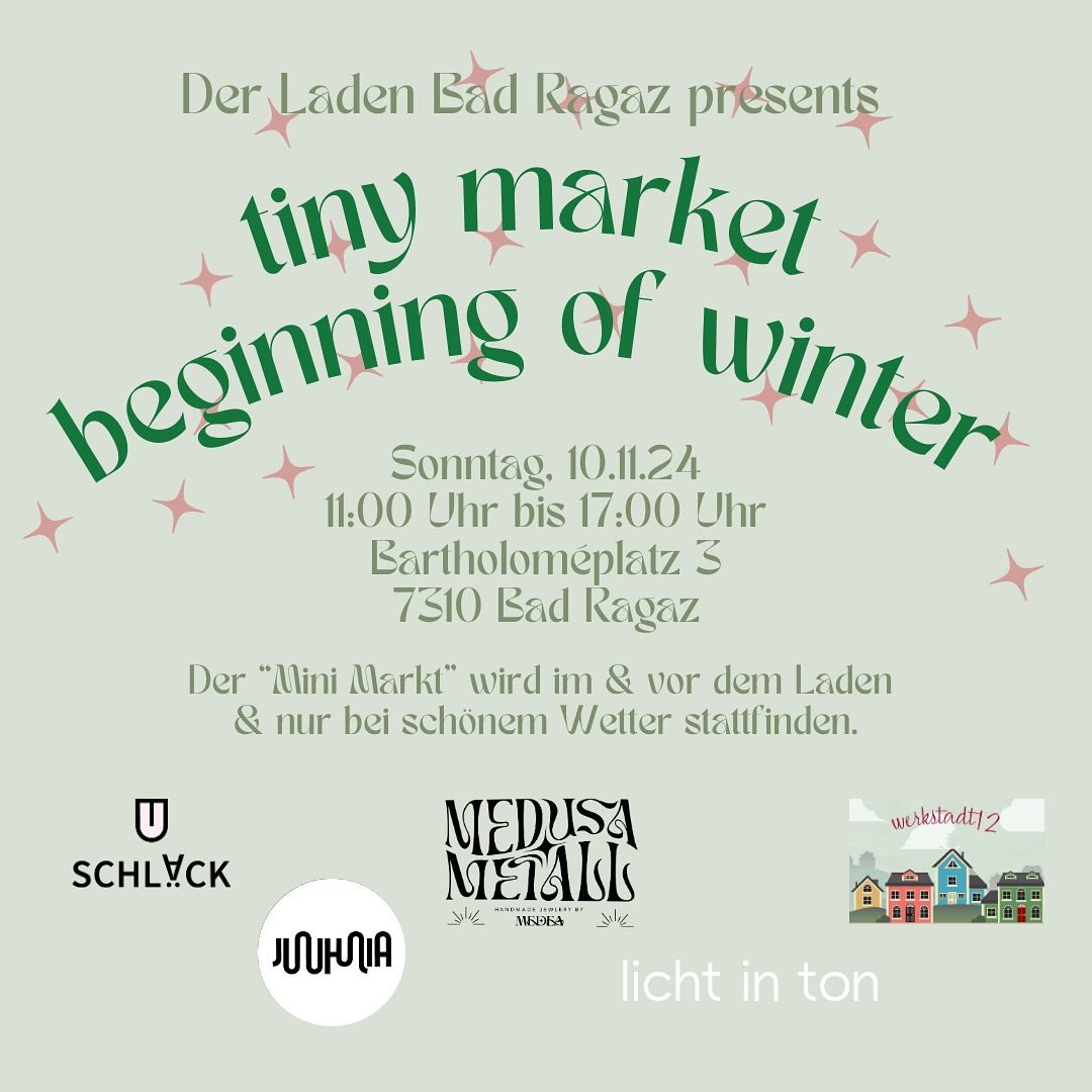 TINY MARKET &ndash; BEGINNING OF WINTER ❄️
Diesen Sonntag, am 10.11., findet bei sch&ouml;nem Wetter (und es sieht ja ganz danach aus ☀️😏🙌🏽) im @derladenbadragaz ein winzig kleiner Markt zum Winterbeginn statt! Ich darf dort meine leckeren Cr&ecir