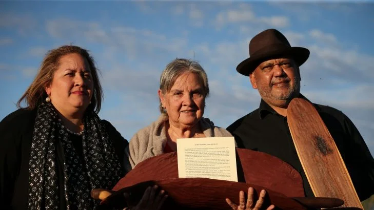 Megan Davis, Pat Anderson from the Referendum Council holding the Uluru Statement from the Heart, and Noel Pearson. Photo: Alex Ellinghausen