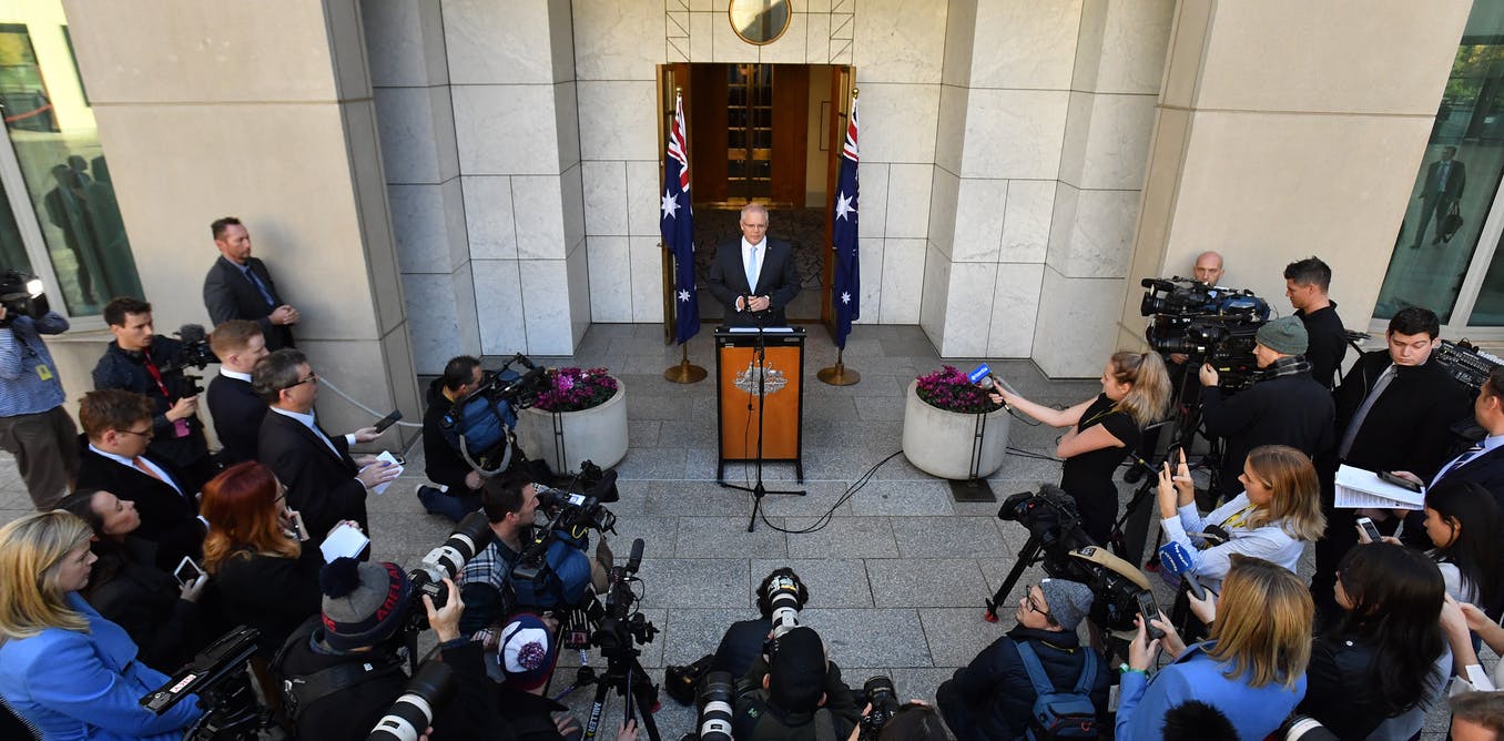 Prime Minister Scott Morrison announces the election at a press conference on April 11. The election campaign so far has thrown up many challenges for those covering it. AAP/Mick Tsikas