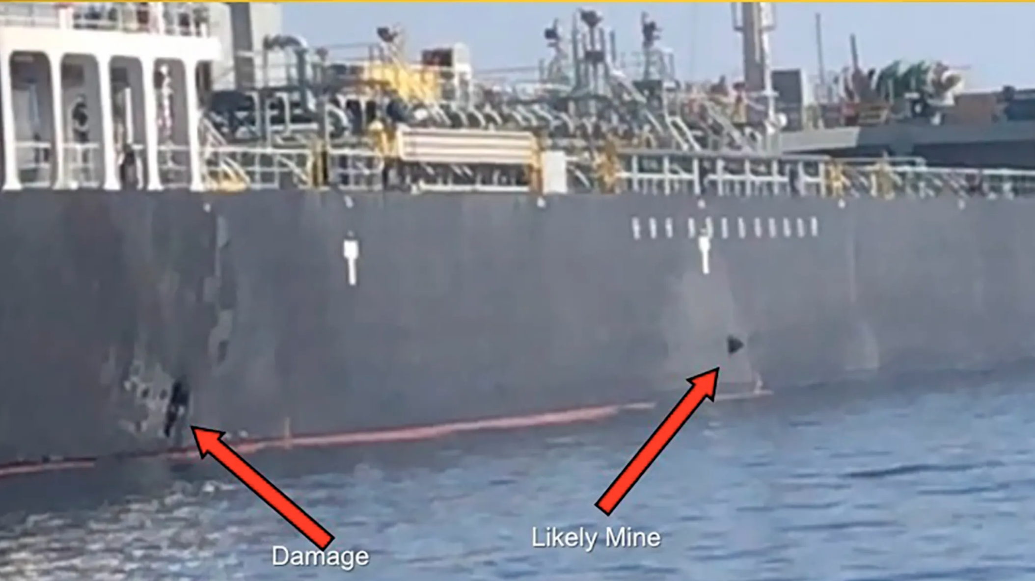 US Central Command released this image it says shows damage and a suspected mine on the Kokuka Courageous in the Gulf of Oman, near the coast of Iran. Credit:AP