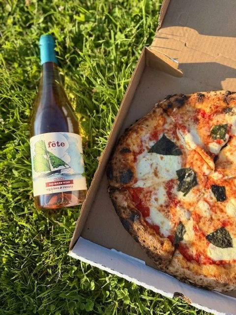 Takeout from Tipo and a bottle of fete rhubarb wine
