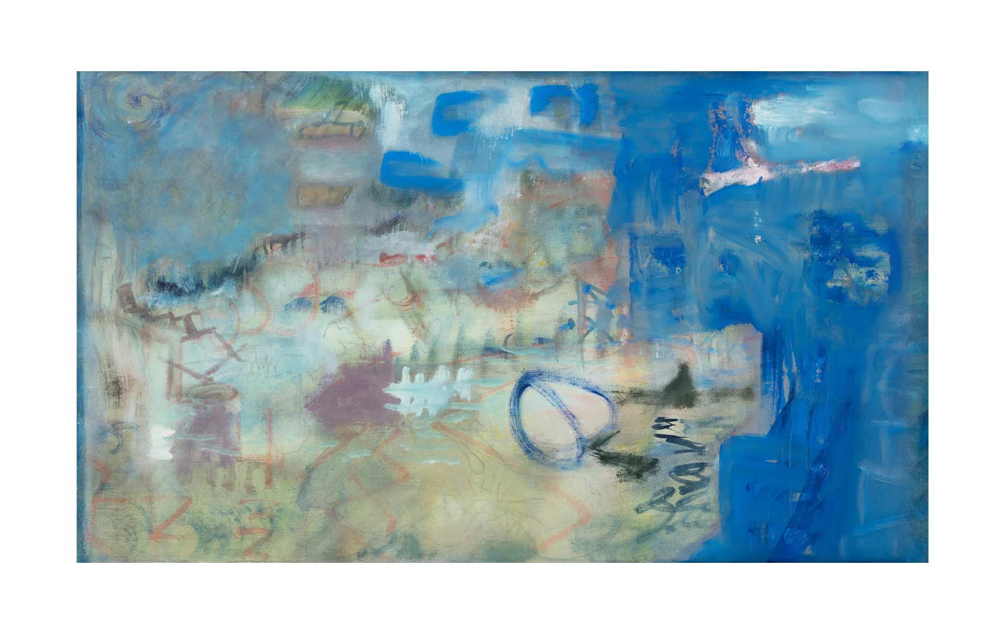 Blue Landscape , 2017, oil, graphite and conte crayon on linen, 25 ¼” x 43 ¼”