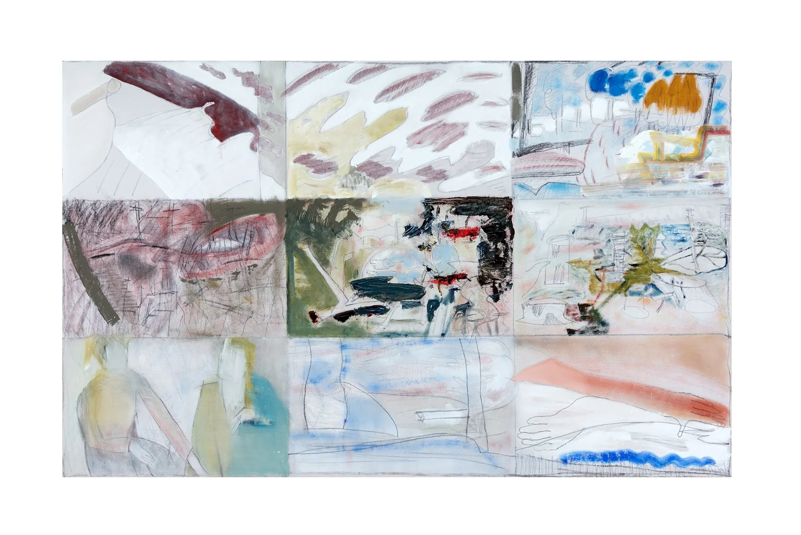 Nine , 2017, oil, graphite and conte crayon on canvas, 40 1/8” x 64 ¼” Available