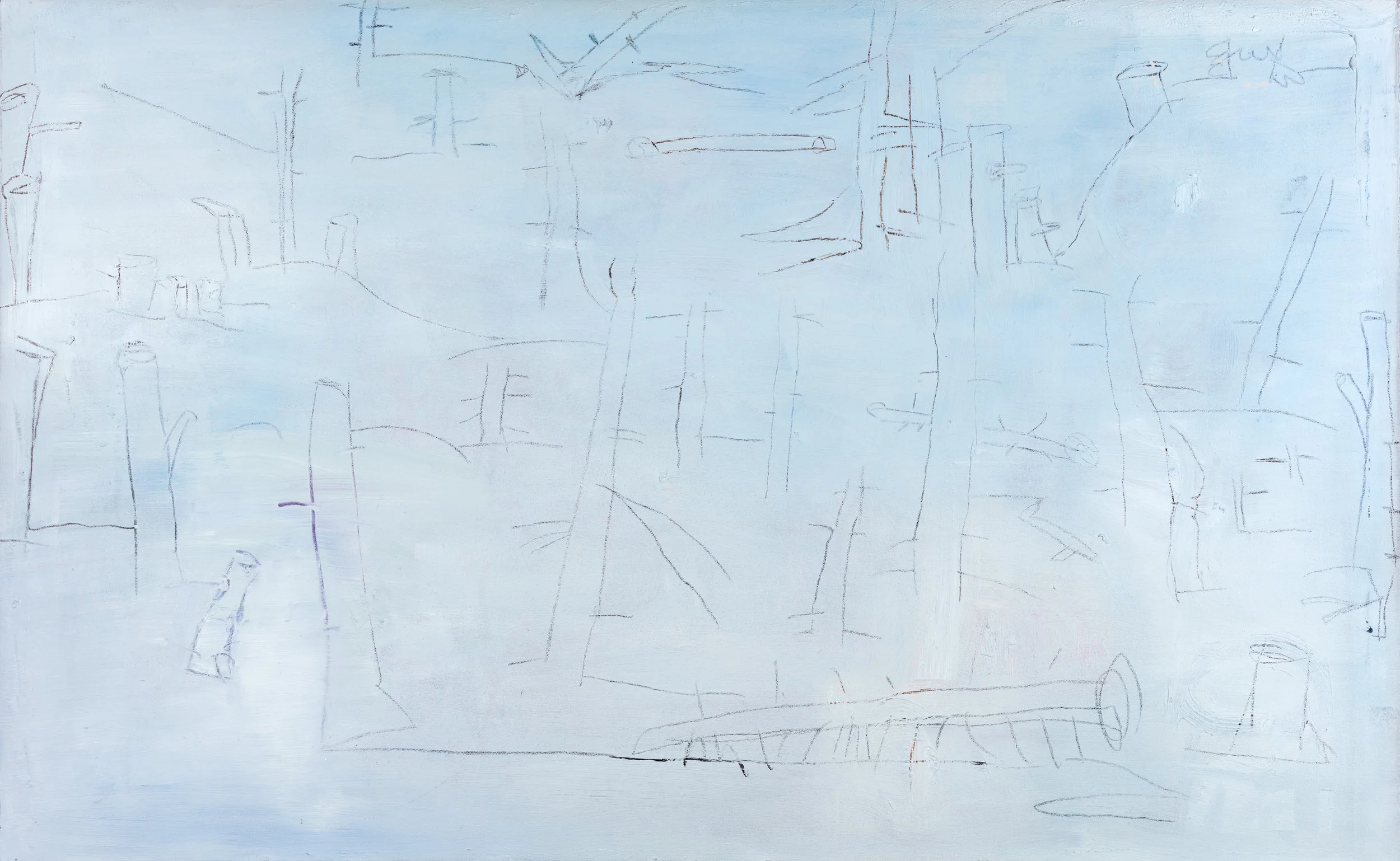 Blue Wood A , 2017, oil, graphite and conte crayon on canvas, 31 ¾” x 51 ½”