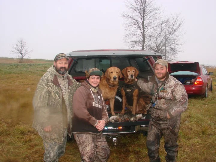 Husband Chad, our youngest Josh, Decoy, Primo and oldest son Jerry. Primo lived until he was 14.2. Decoy is still with us and enjoys his muddy pond. He will be 10 years old on 2/5/2018.