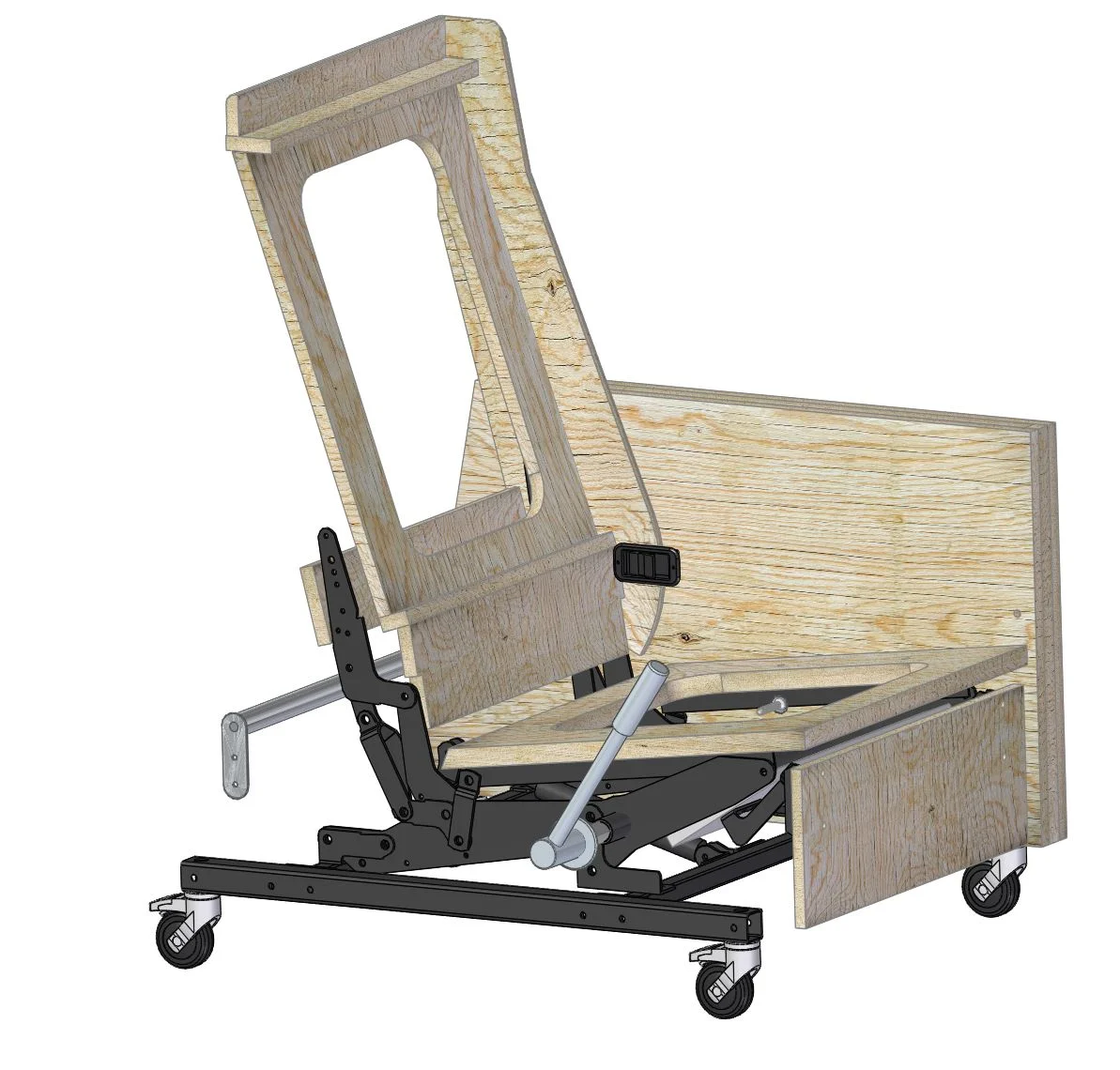  CNC cut plywood creates the body of the chair atop the metal frame. Enough of a gap is left between separate components to allow parts to move without fabric wear. 
