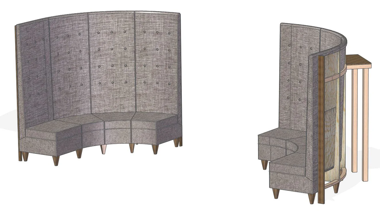  The second piece is a custom banquette. Usually this wouldn't be a challenge but because of the uneven nature of 200 year old construction we had to take precise field measurements to ensure a true fit on site. 